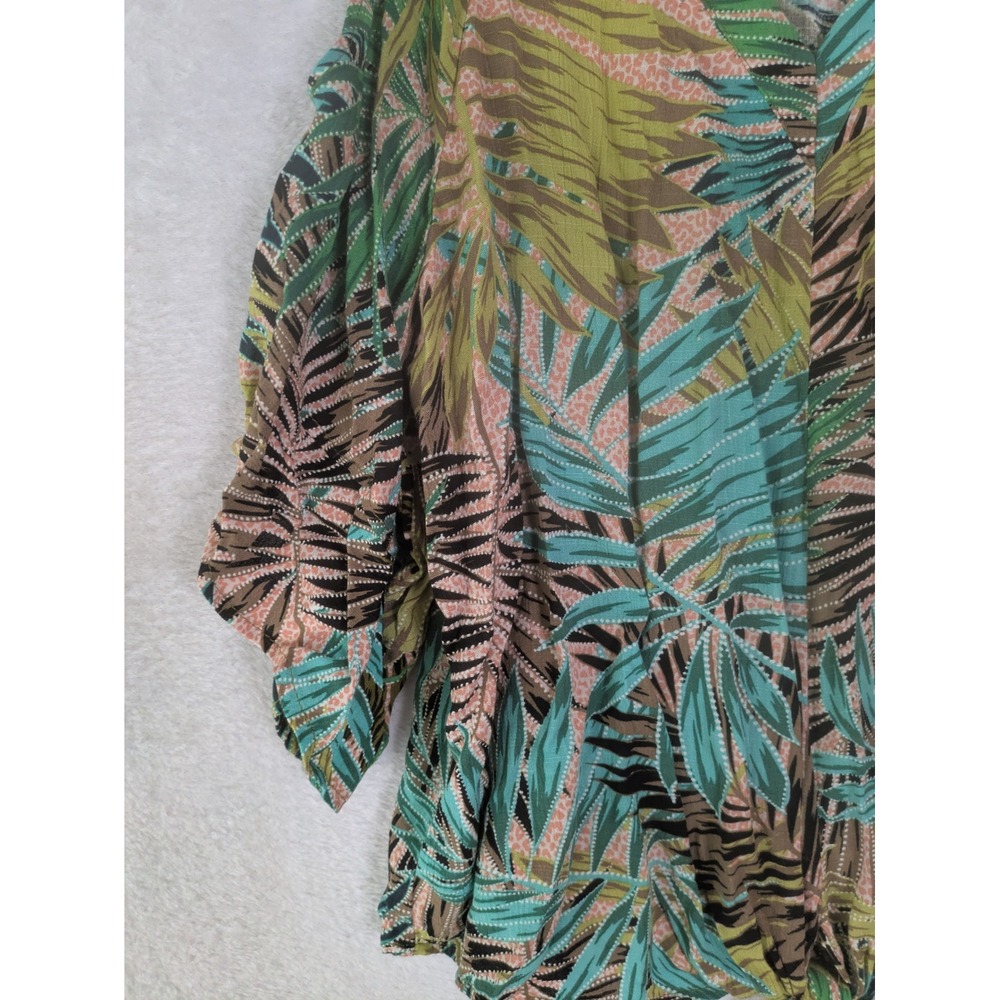 Democracy Top Women's Medium Green Tropical Palm Cold Shoulder Tie Front - Picture 3 of 10